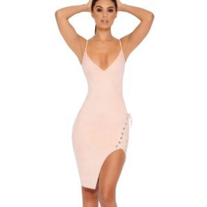 OH POLLY Pink Lace-Up Side-Slit Bodycon Dress Size 4
